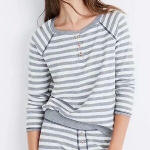 Madewell Cream & Gray Striped Waffle Henley Pajama / PJ Long Sleeve Top [Small]